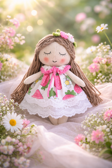 Velumi Strawberry Meadow Mini Doll – 5.9” Handmade Comfort Doll with Fixed Outfit & Sweet Floral Glow