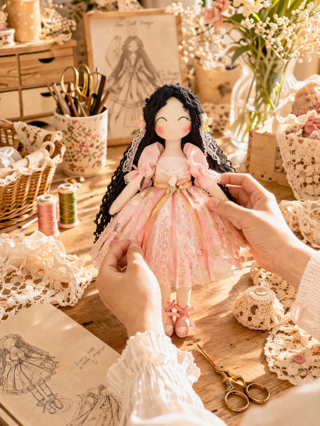 Rosé Garden Belle – Handmade Lace Doll with Blush Floral Elegance & Timeless Charm