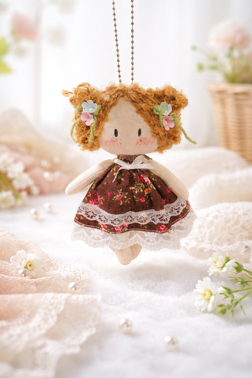 Velumi Cocoa Blossom Charm Doll – Handmade Floral Keychain Mini with Fixed Outfit & Cozy Cottage Vibes