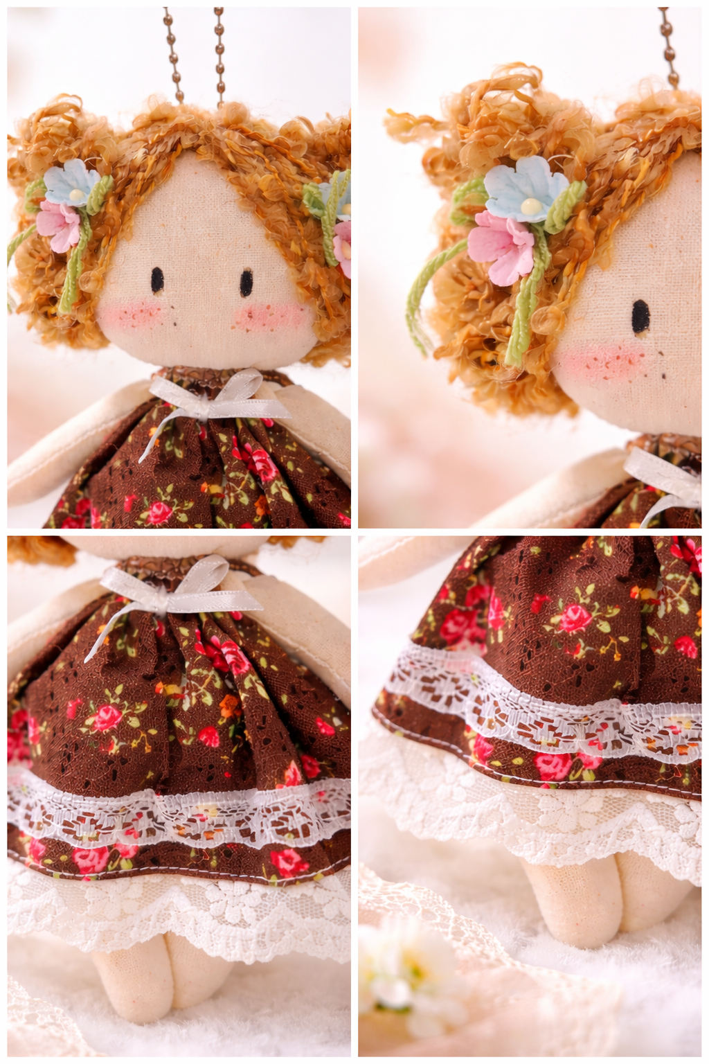 Velumi Cocoa Blossom Charm Doll – Handmade Floral Keychain Mini with Fixed Outfit & Cozy Cottage Vibes