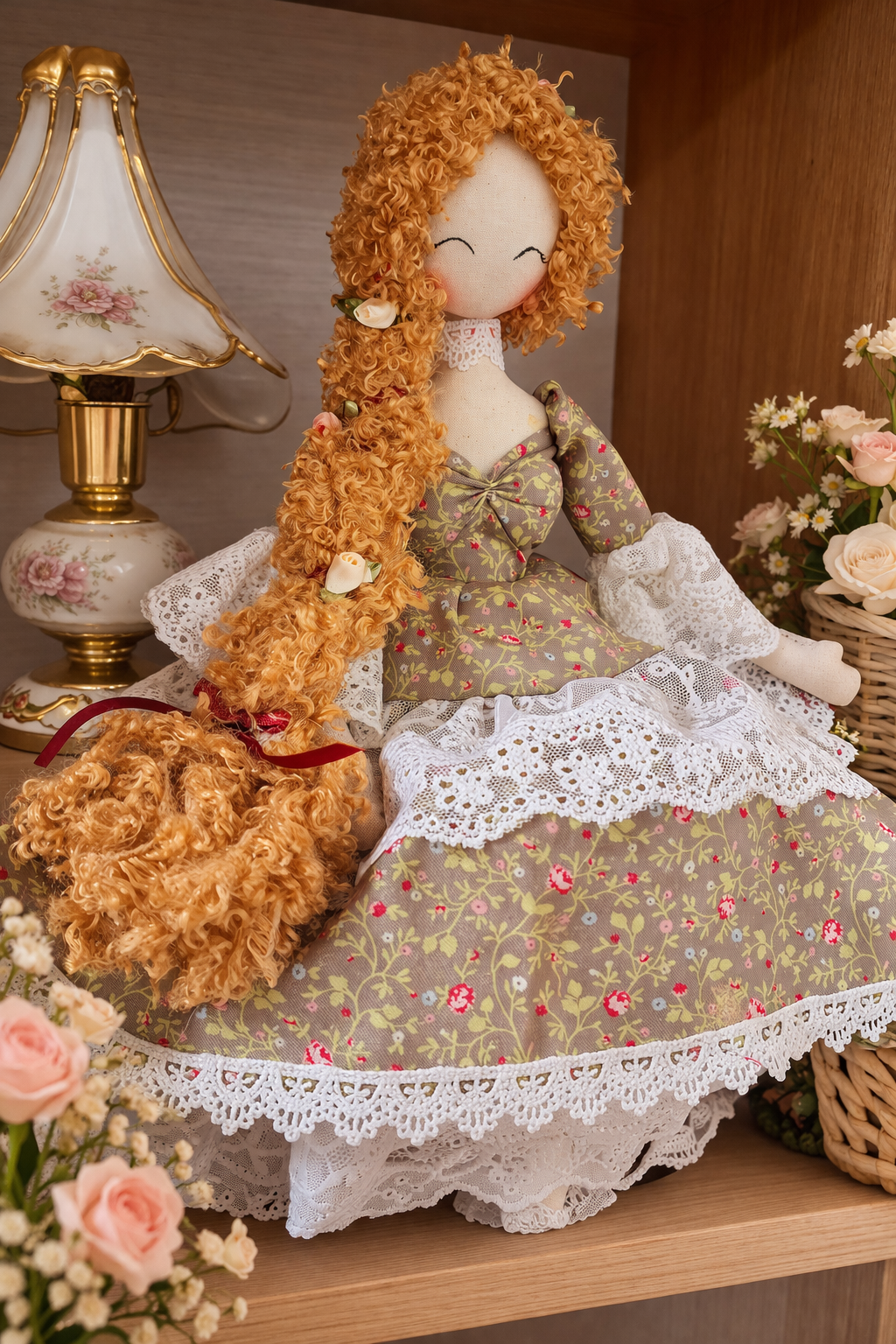 Velumi Golden Whisper Braid Doll – Handcrafted Floral Cottage Heirloom