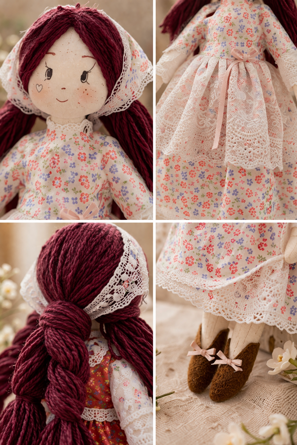 Blush Meadow Whisper – Handmade Floral Doll with Soft Lace & Gentle Cottage Charm