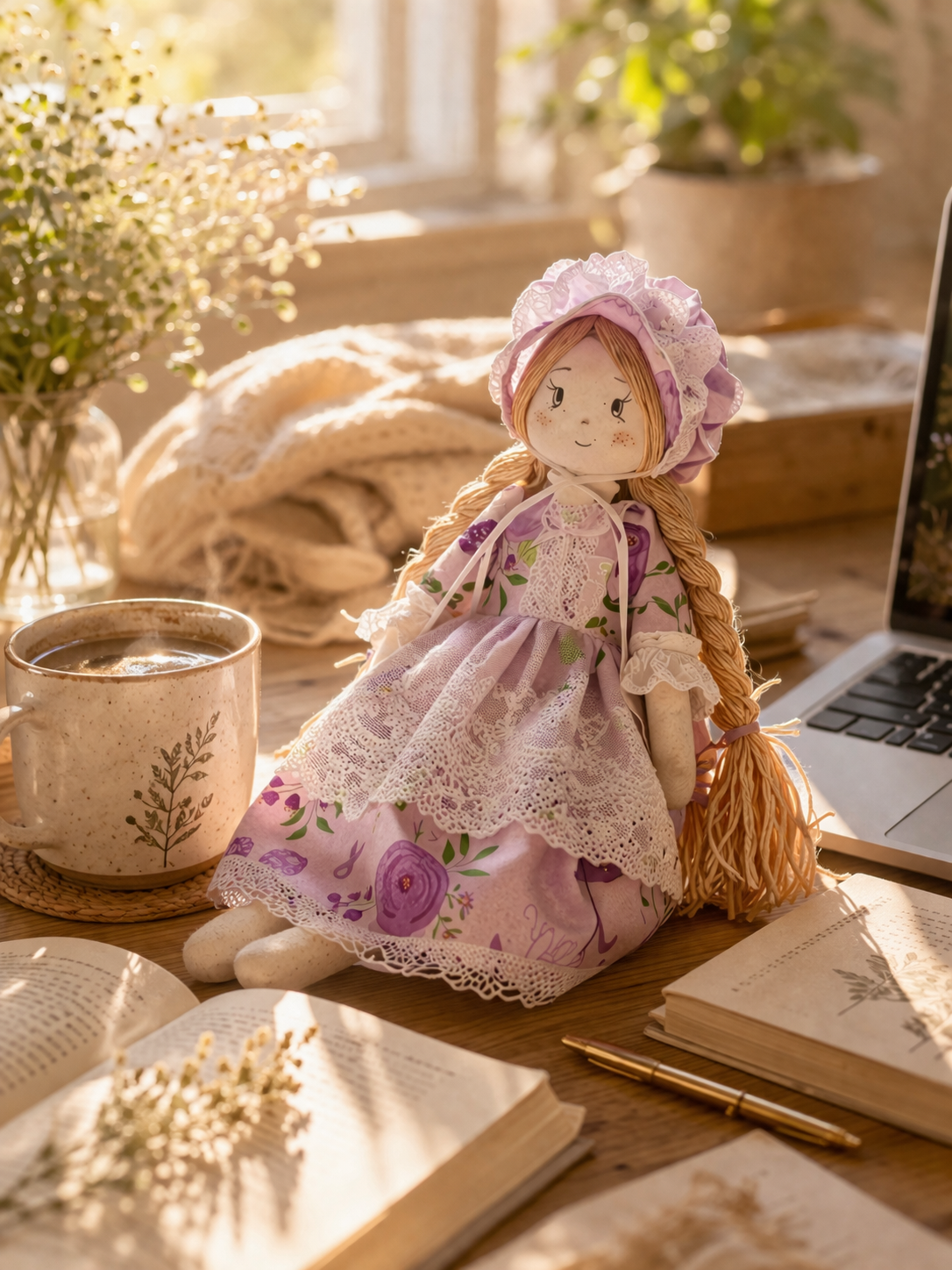 Lavender Daydream Keeper – Handmade Floral Doll with Soft Lace & Quiet Desk Charm