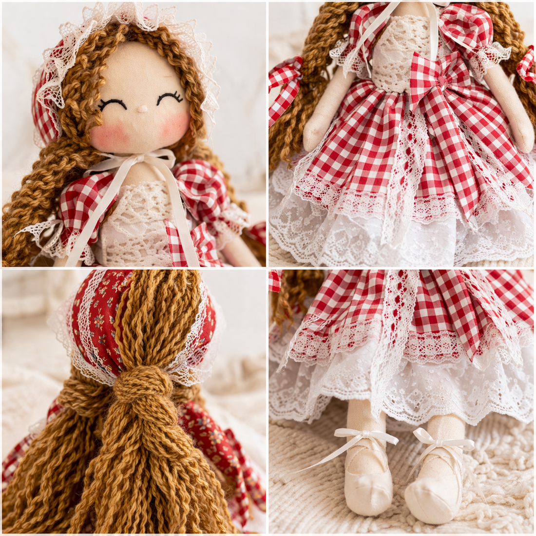 Strawberry Picnic Muse – Handmade Gingham Lace Doll with Cozy Cottage Daydream Charm