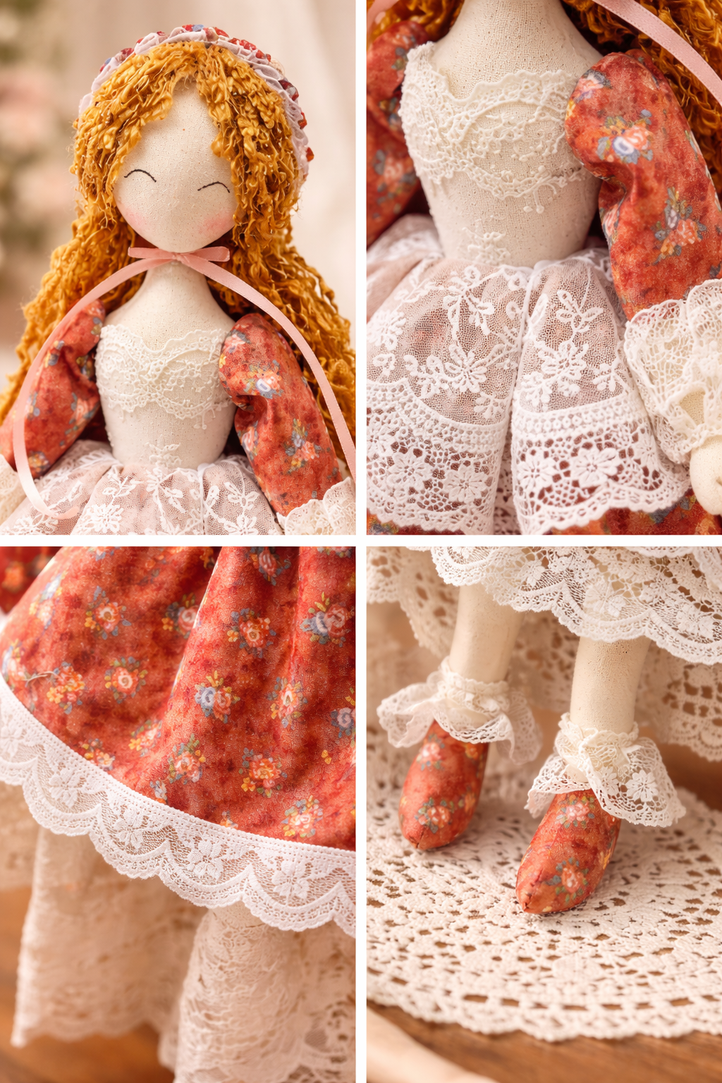 Velumi Rusted Rose Lace Charm Doll – Handcrafted Vintage Floral Heirloom