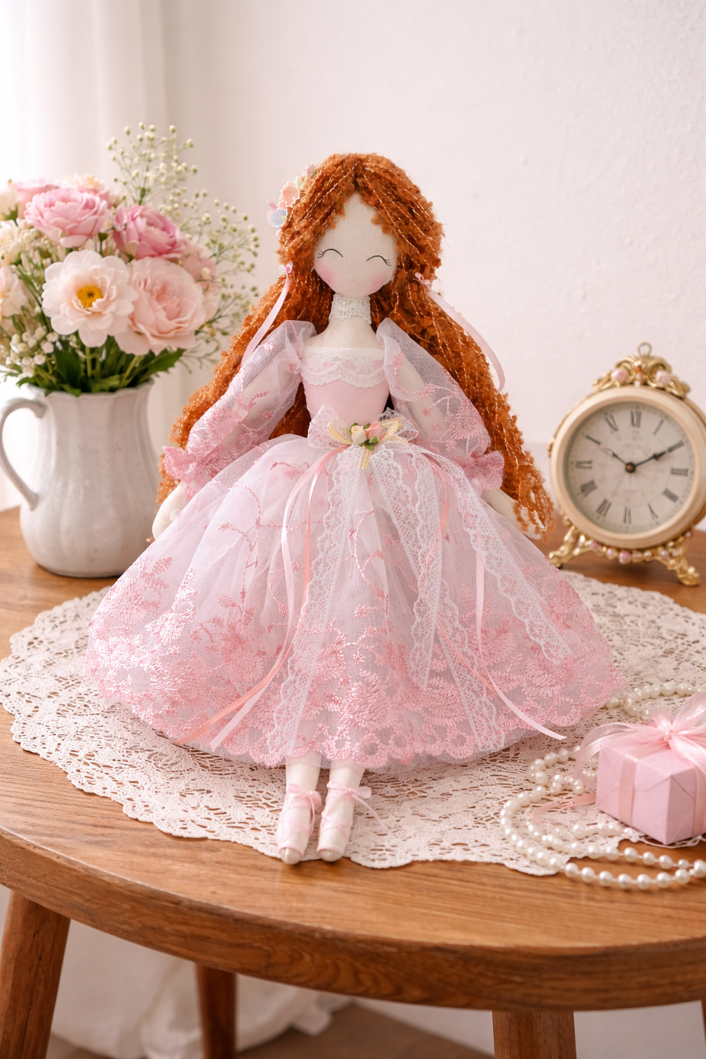 Velumi Crimson Reverie Lace Doll – Handcrafted Vintage Statement Heirloom